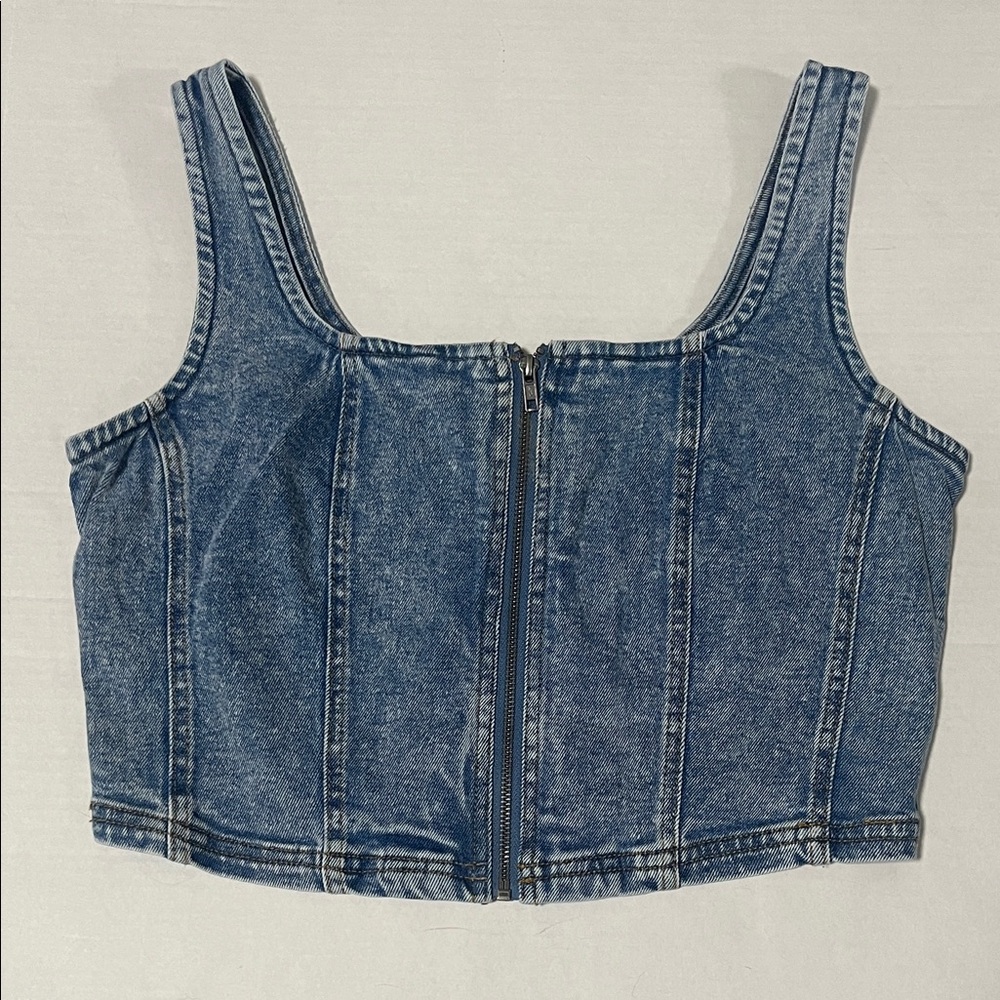 Cropped Denim Zip Front Crop Top